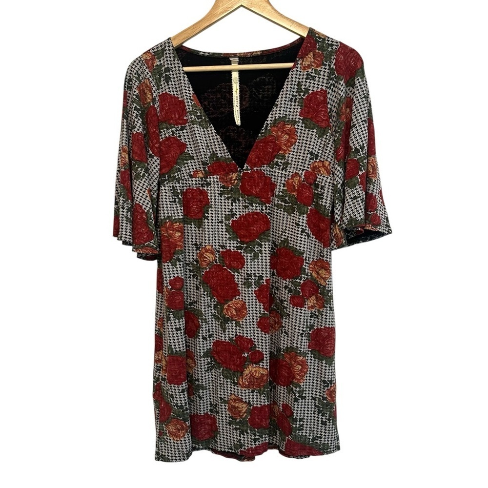 3/$18✨ Women's Medium Stretchy Rose Floral Bell Short Sleeve Tunic Mini Dress
